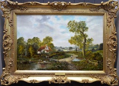 Cottage by the Stream - Peinture à l'huile anglaise d'un paysage d'été du 19ème siècle