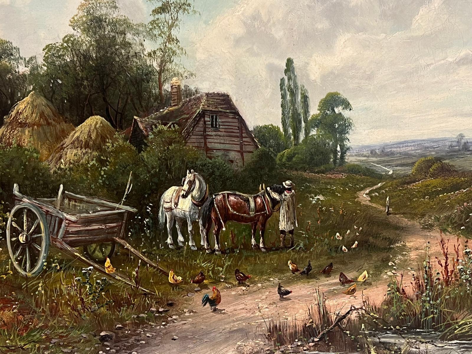 Large Victorian Rural English Oil Painting Horses & Chickens Farm Landscape For Sale 3