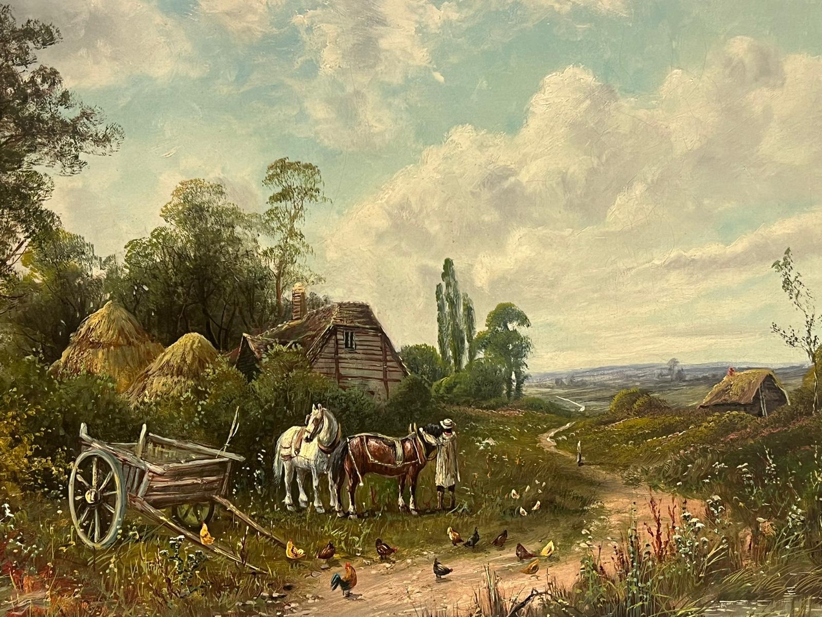 Large Victorian Rural English Oil Painting Horses & Chickens Farm Landscape For Sale 5