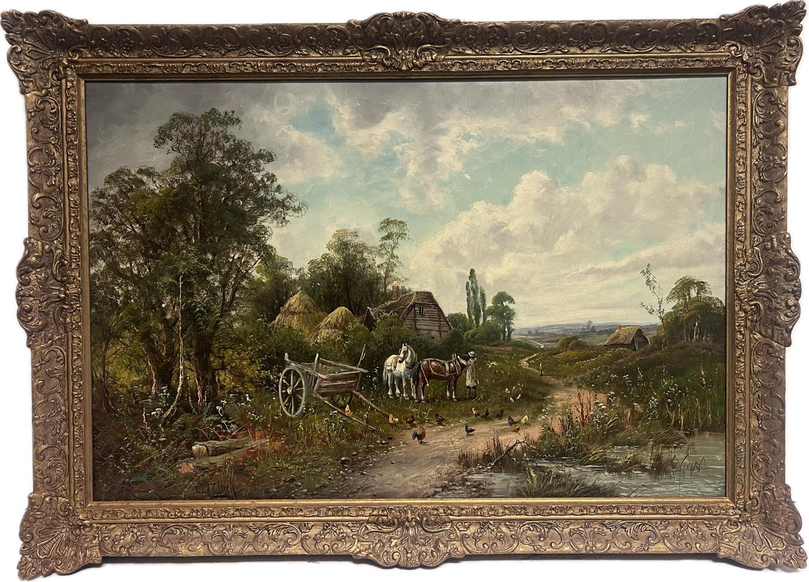 Octavius Thomas Clark Landscape Painting - Large Victorian Rural English Oil Painting Horses & Chickens Farm Landscape