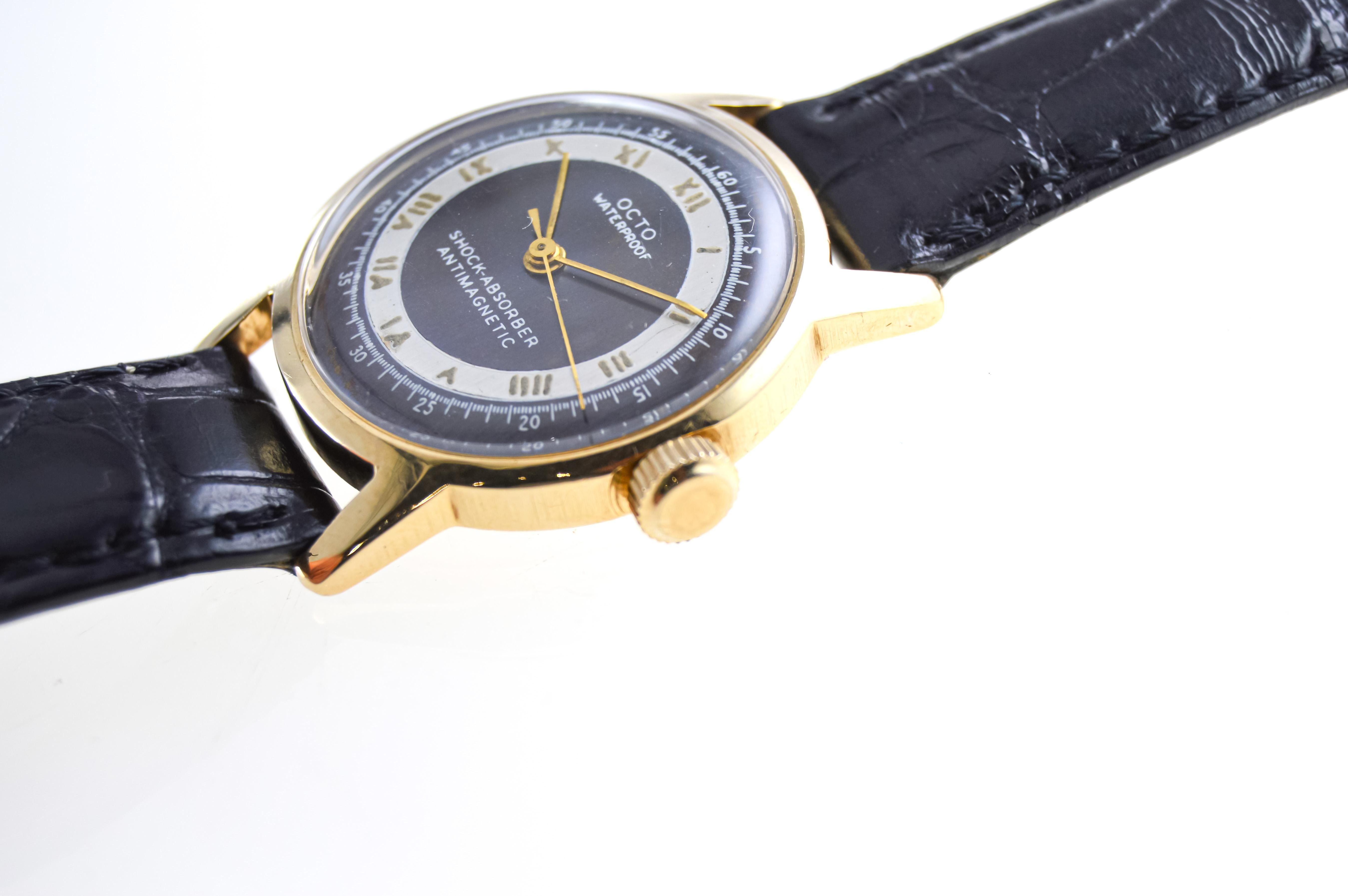 Octo 14 Karat massives Gold Art-déco-Uhr mit Original-Zifferblatt, ca. 1950er Jahre  im Angebot 6