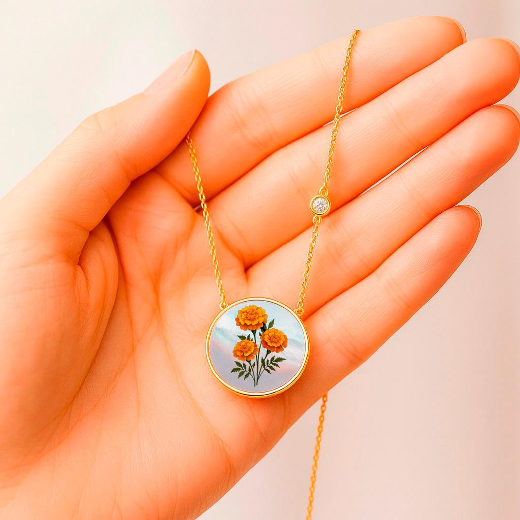 Ciondolo a forma di fiore del mese di settembre/ Ciondolo a forma di fiore di Merigold dipinto su madreperla / Ciondolo rotondo in madreperla, moissanite, con disegno di un fiore. Gioielli Zodiac.
Collana da donna, Argento 925, madreperla