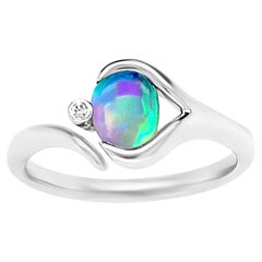 Natural Untreated Australian 0.58ct Black Opal Ring 18K White Gold with Diamond