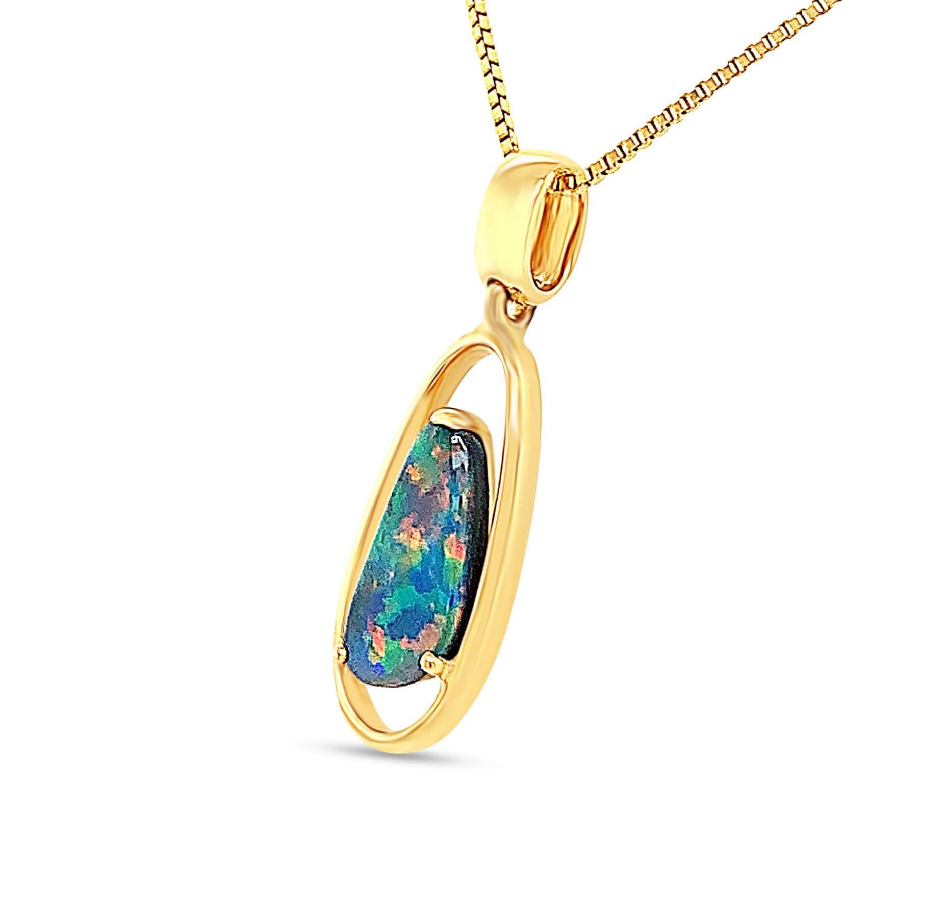 Cabochon Natural Australian 1.23ct Black Opal Pendant Necklace in 18K Yellow Gold