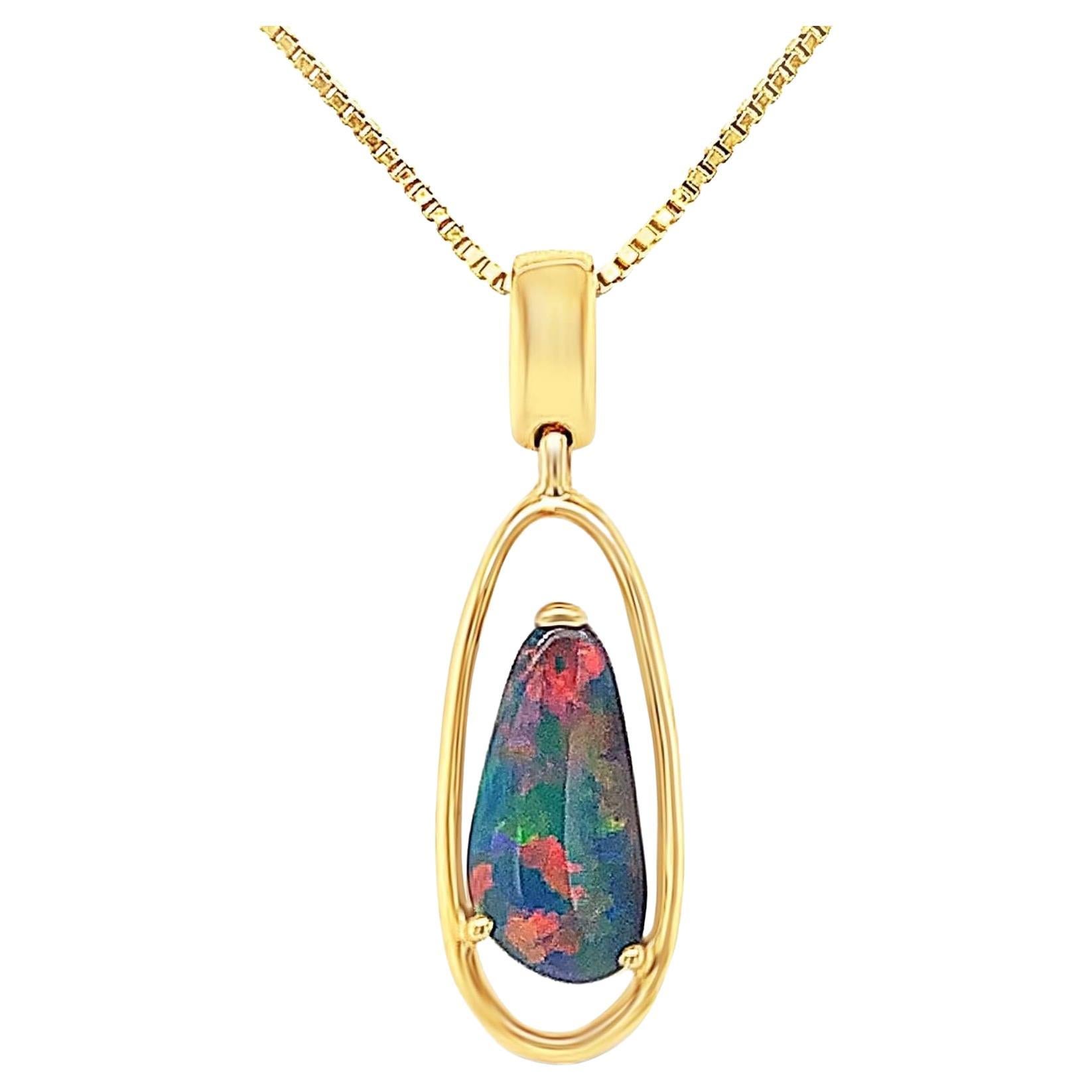 Natural Australian 1.23ct Black Opal Pendant Necklace in 18K Yellow Gold