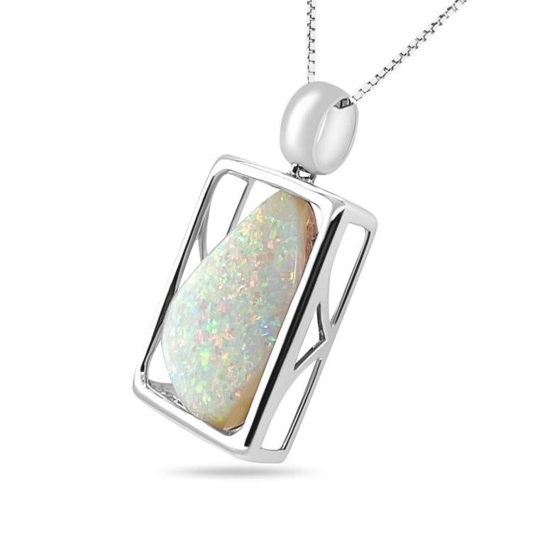 Contemporary Natural Australian 13.03ct Boulder Opal Pendant Necklace in 18K White Gold For Sale