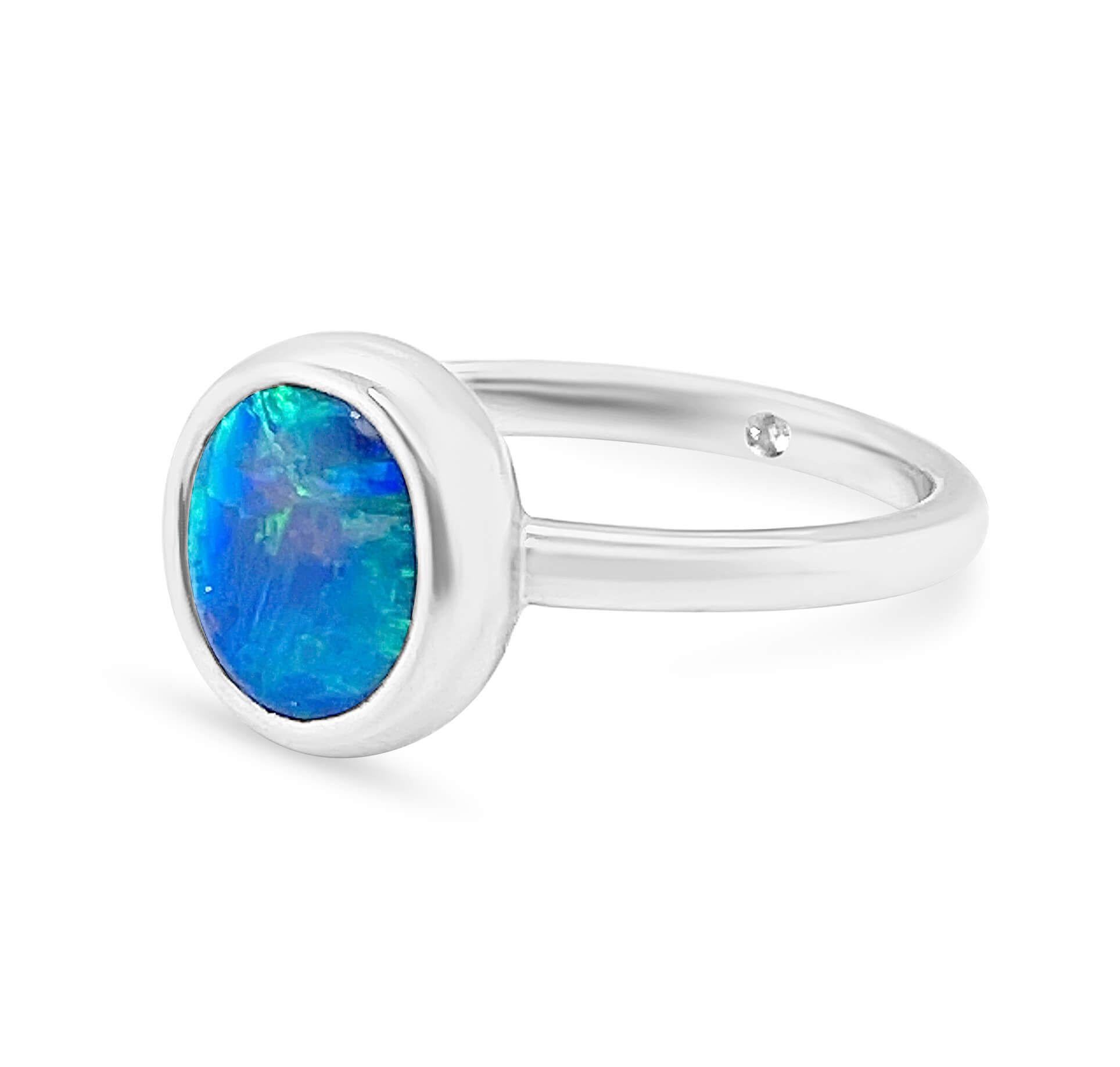 Cabochon Natural Untreated Australian 2.33ct Black Opal Ring in 18K White Gold