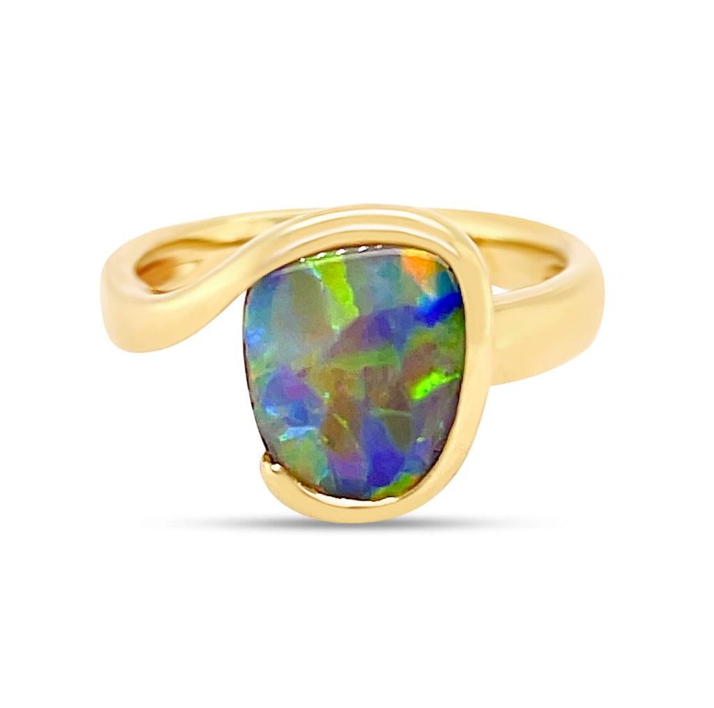 Cabochon Natural Untreated Australian 2.85ct Boulder Opal Ring in 18K Yellow Gold