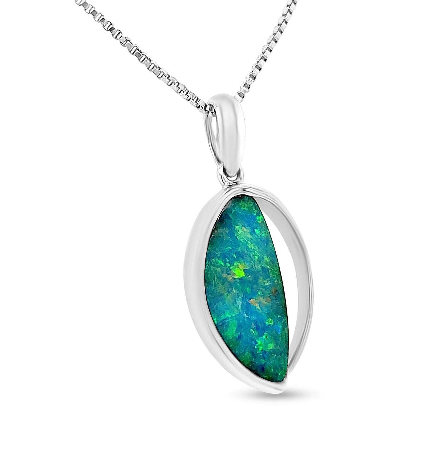 Contemporary Natural Australian 3.02ct Boulder Opal Pendant Necklace in 18K White Gold