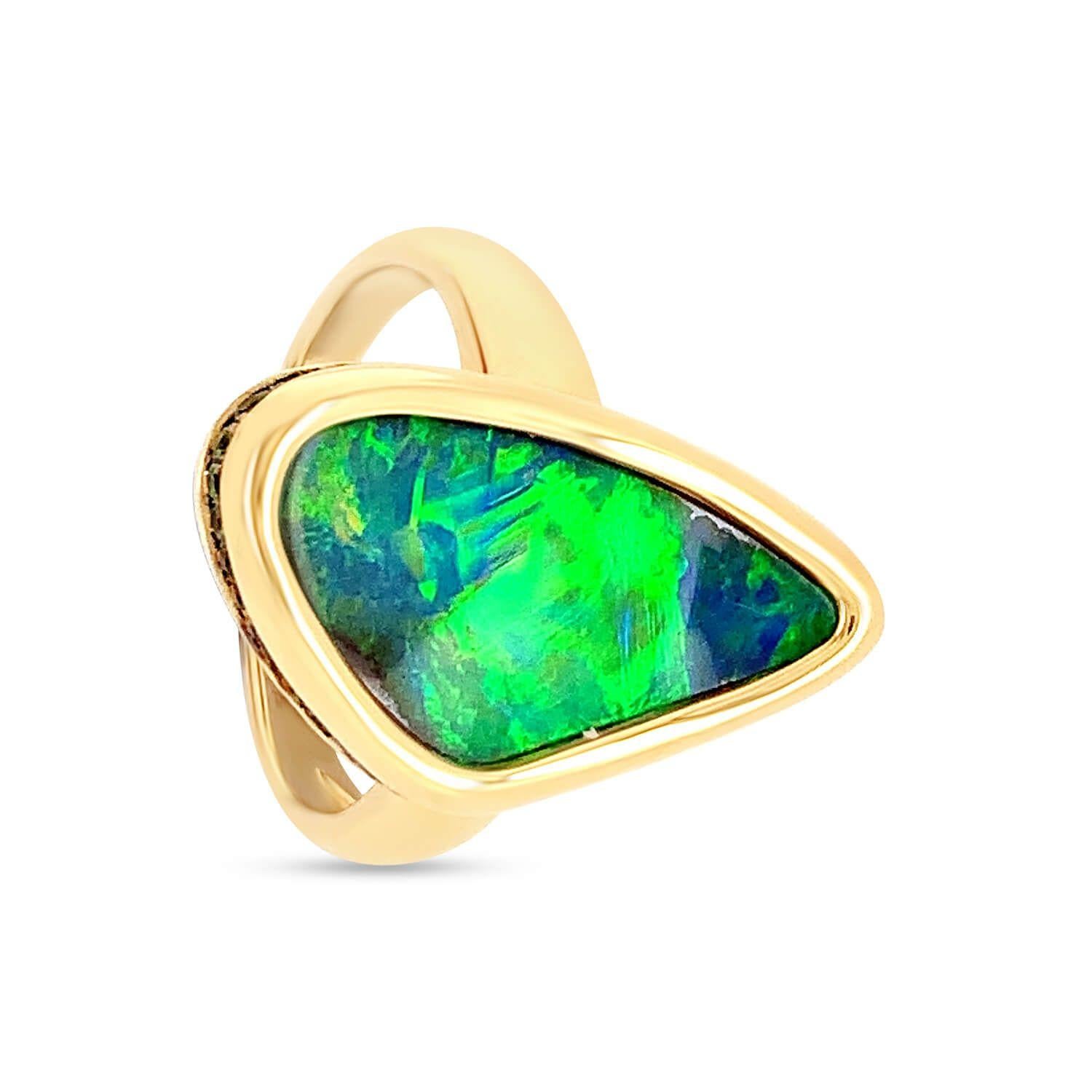 Contemporary Natural Untreated Australian 5.07ct Boulder Opal Ring in 18K Yellow Gold For Sale
