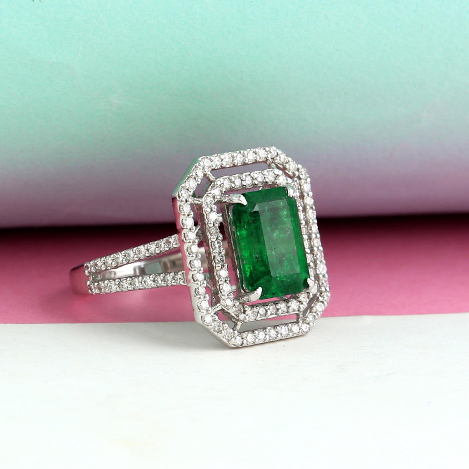 Art Nouveau Octogen Cut Zambian Emerald Ring with Diamonds Made in 14k White Gold For Sale