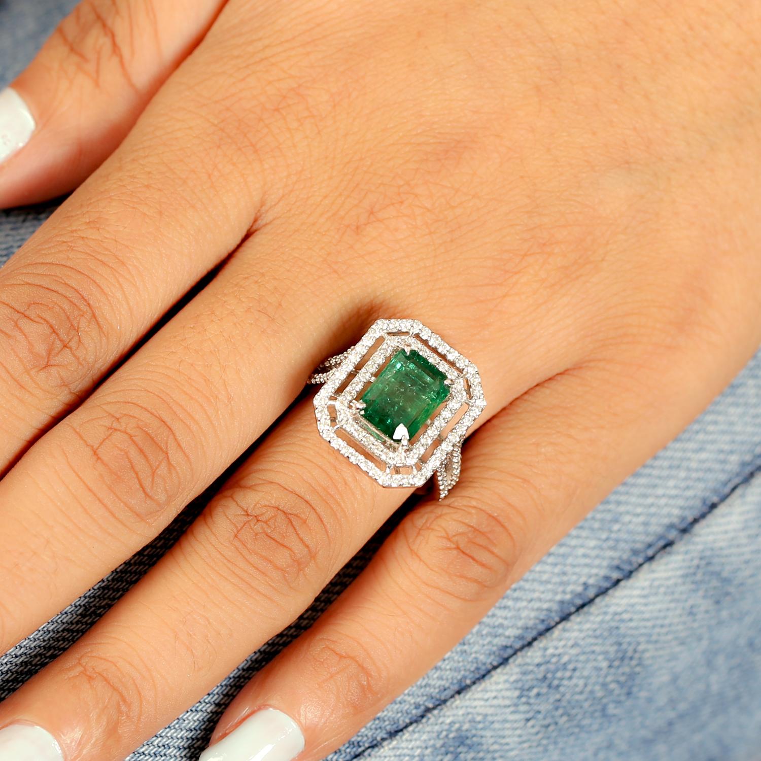 Mixed Cut Octogen Cut Zambian Emerald Ring with Diamonds Made in 14k White Gold For Sale