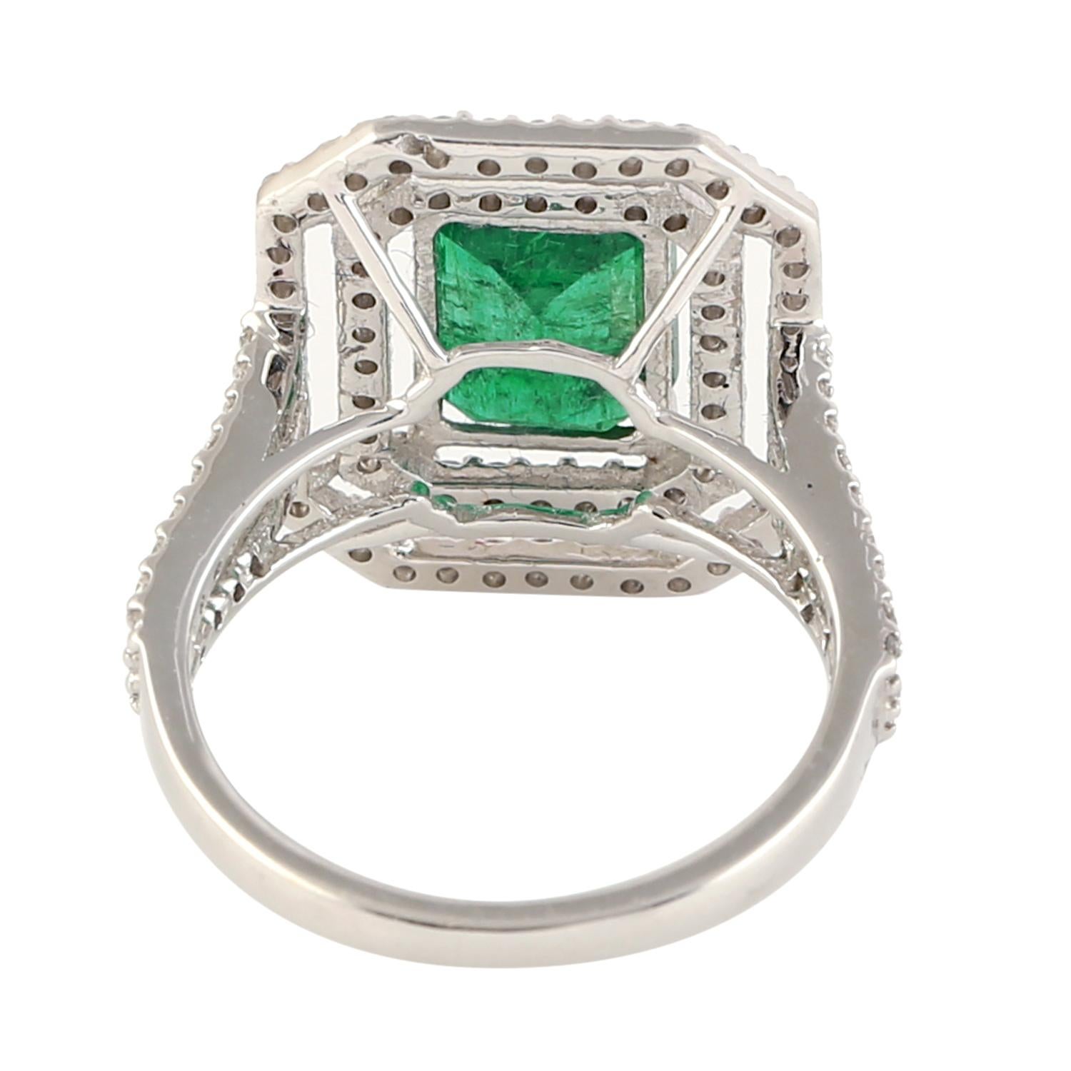 Octogen Cut Zambian Emerald Ring with Diamonds Made in 14k White Gold In New Condition For Sale In New York, NY