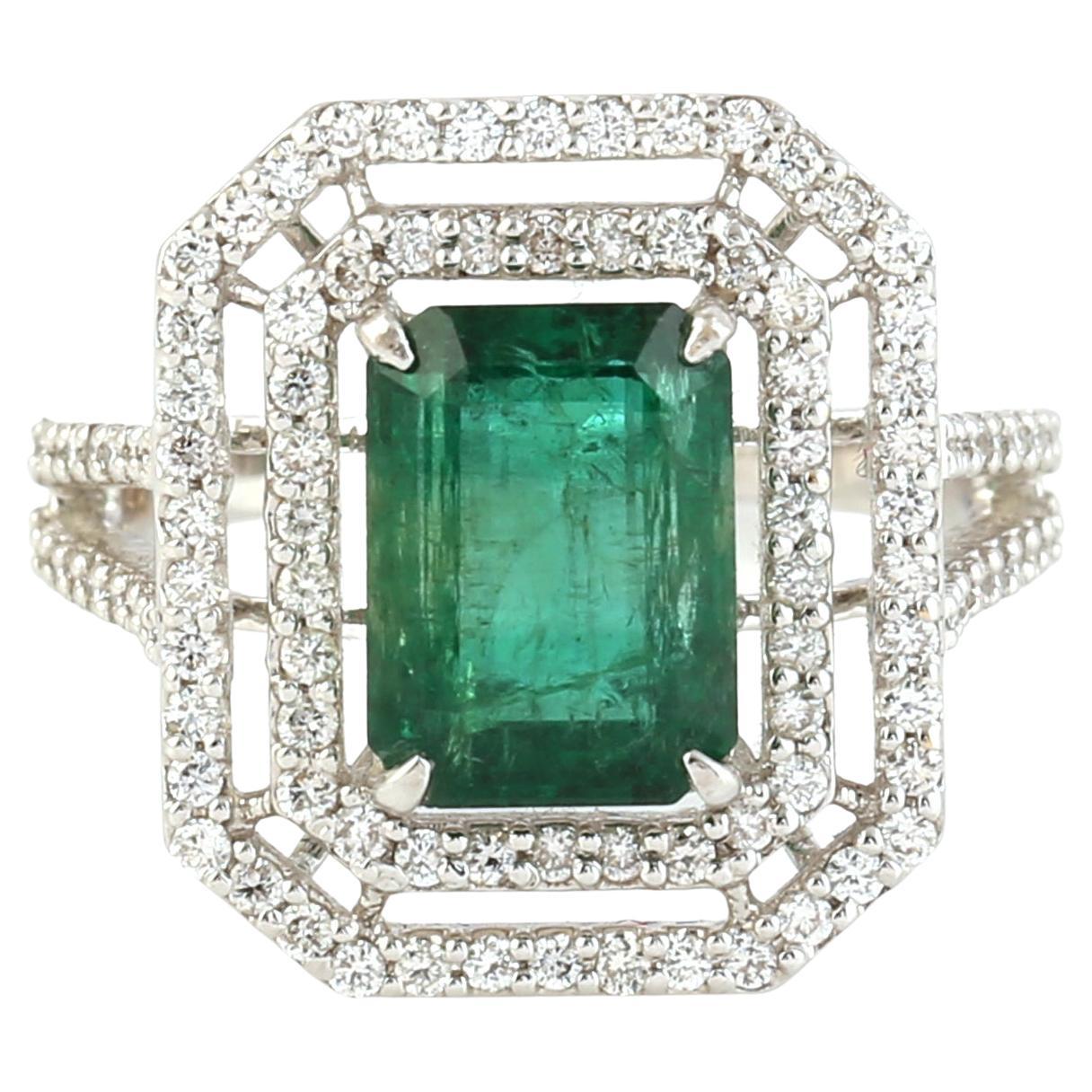 Octogen Cut Zambian Emerald Ring with Diamonds Made in 14k White Gold For Sale