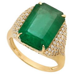 Octogen Zambian Emerald Ring with Side Pave Diamonds Made in 18k Yellow Gold