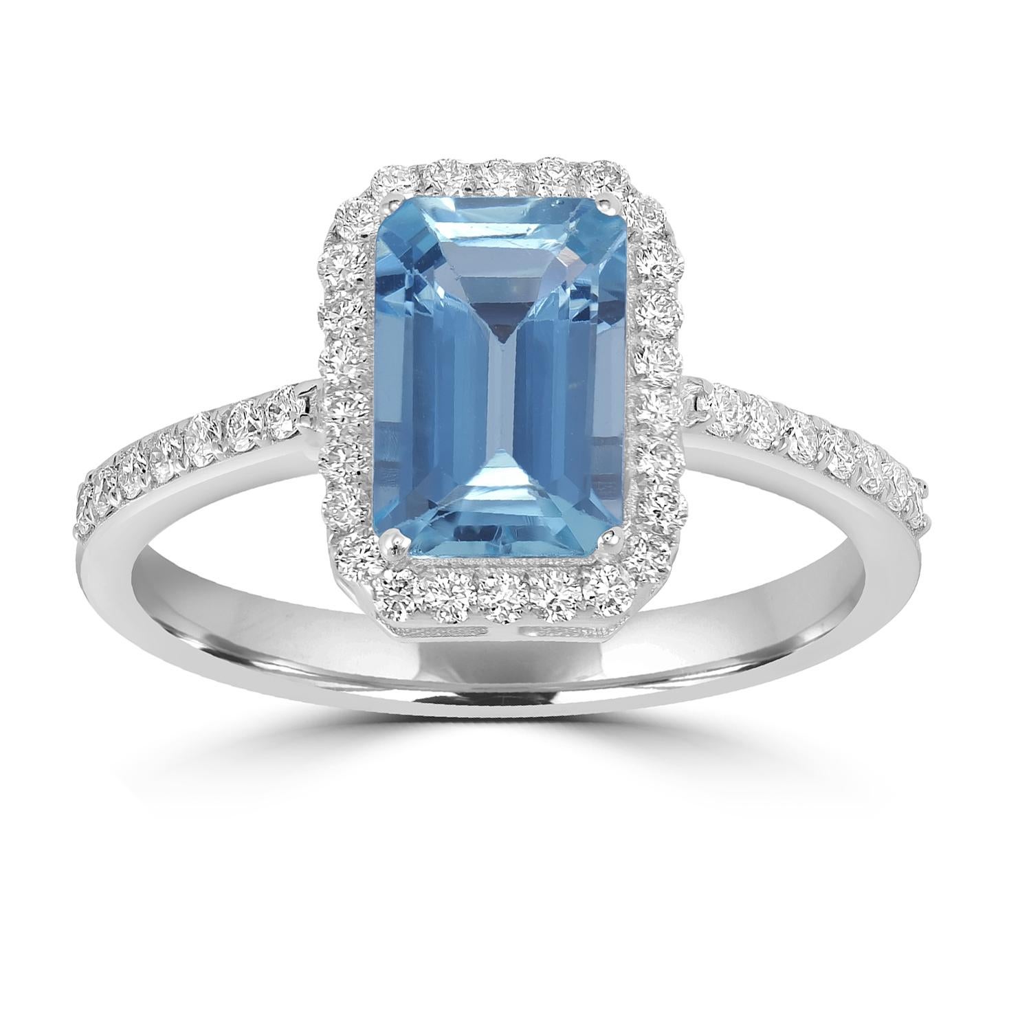 Art déco Bague en or blanc 18k avec aigue-marine en forme d'octogone et ornée de diamants en vente