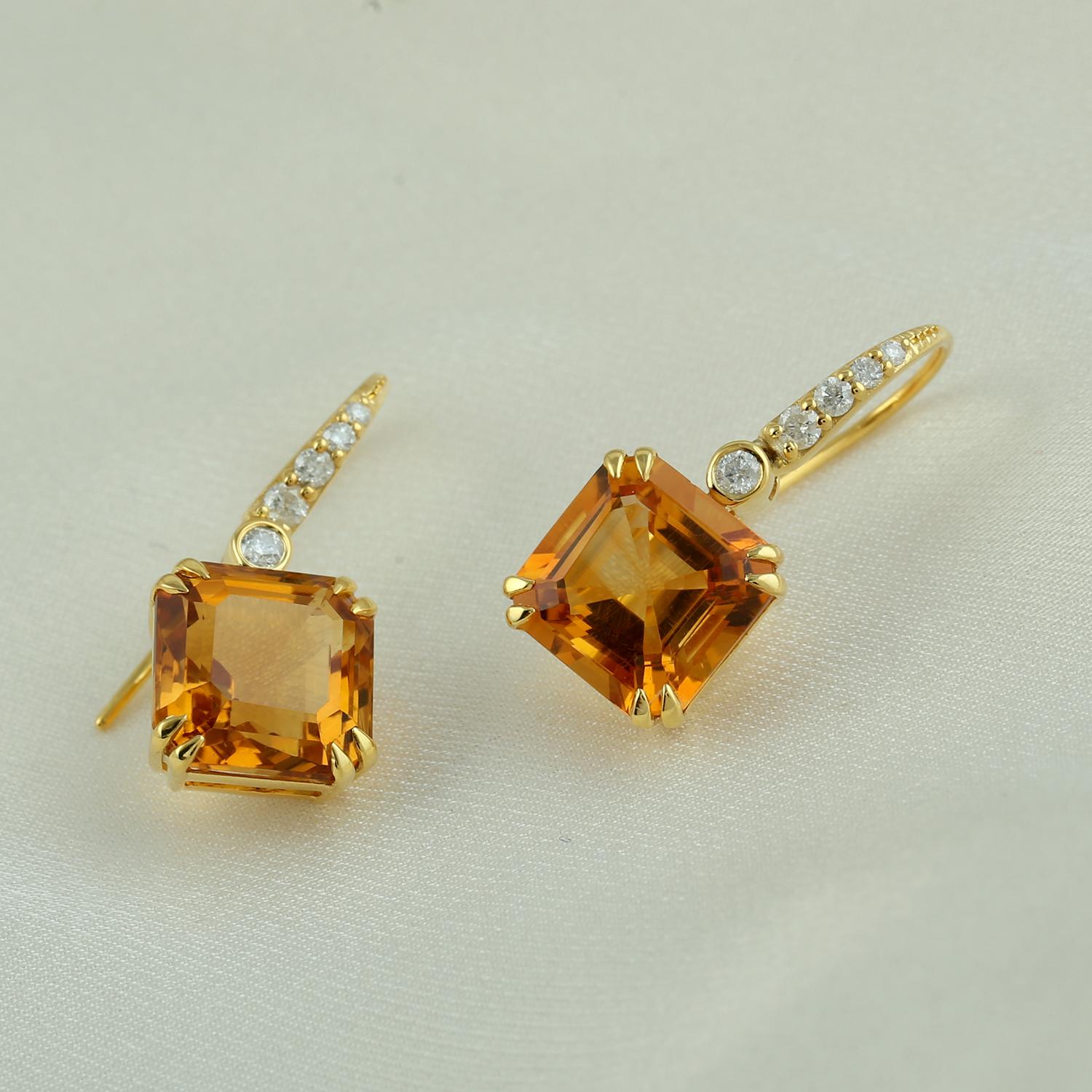 Taglio misto 9.76 ct Citrine Earrings With Diamonds In 14k Yellow Gold in vendita