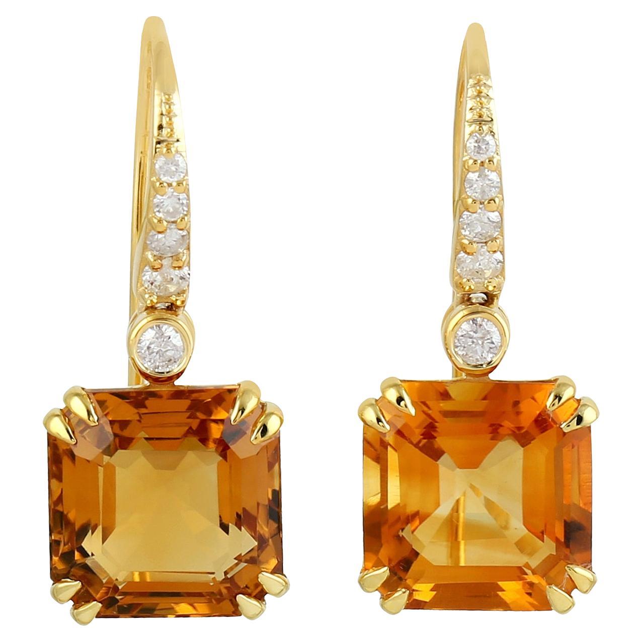9.76 ct Citrine Earrings With Diamonds In 14k Yellow Gold