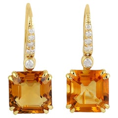 9.76 ct Citrine Earrings With Diamonds In 14k Yellow Gold