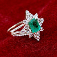 Octogen Shaped Emerald Starburst Ring With Rose Cut Diamonds In 18k Yellow Gold