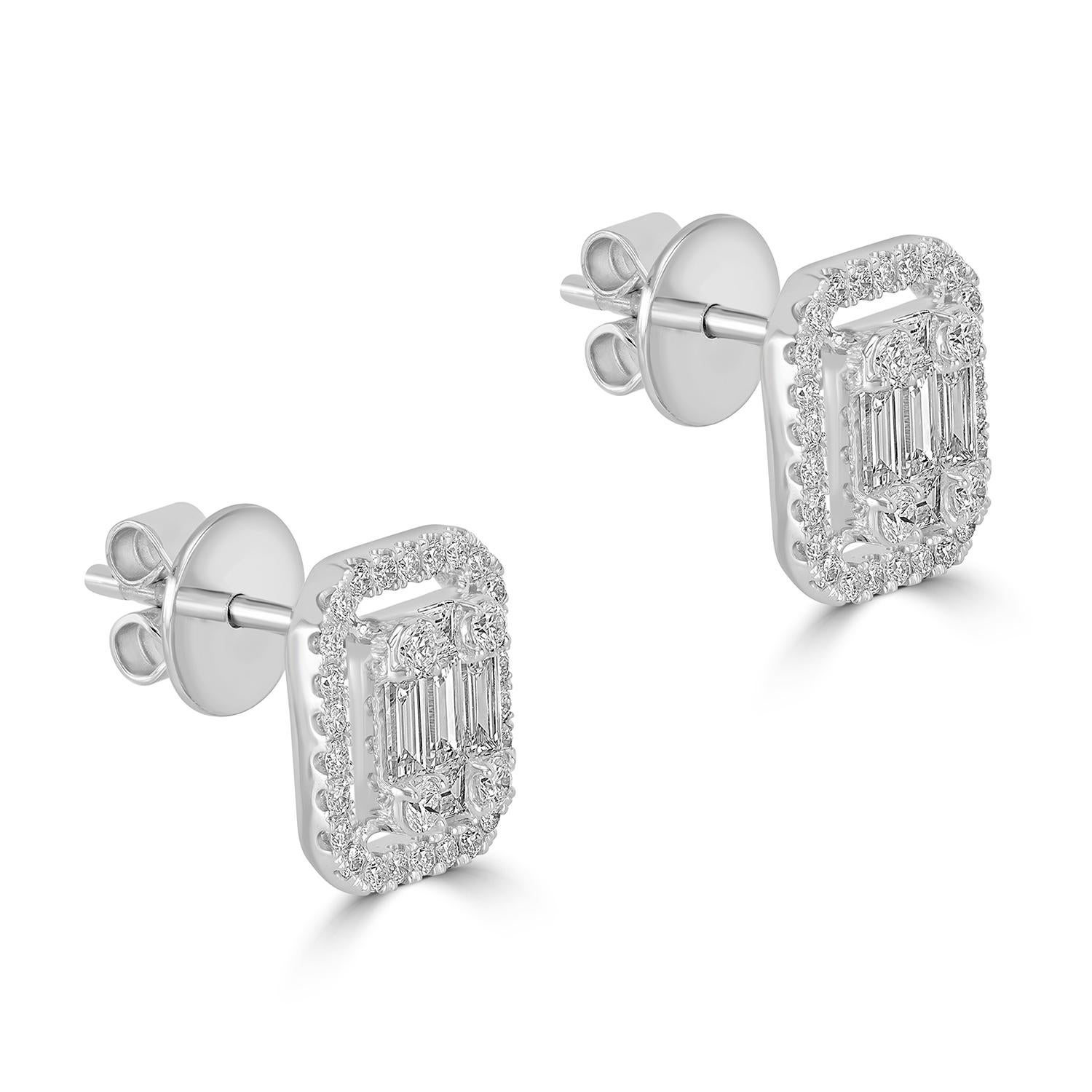 Art déco Boucles d'oreilles minimales de forme octogonale serties de diamants en or blanc 18 carats en vente