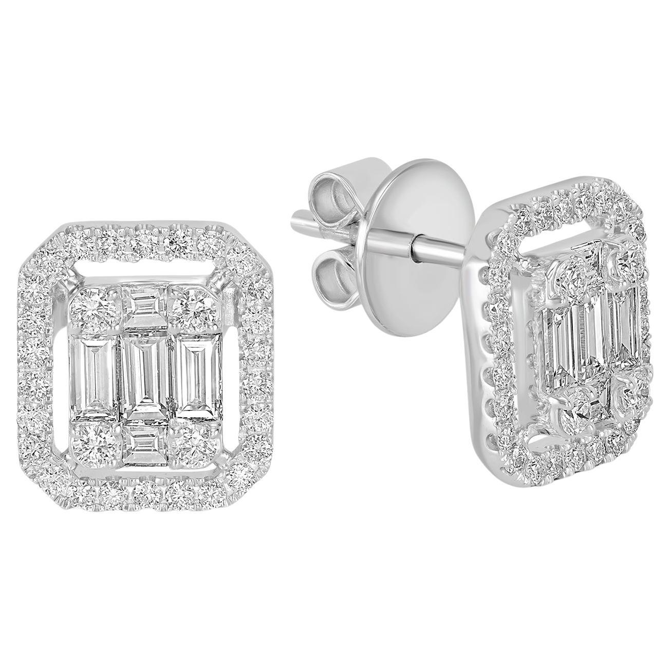 Boucles d'oreilles minimales de forme octogonale serties de diamants en or blanc 18 carats en vente