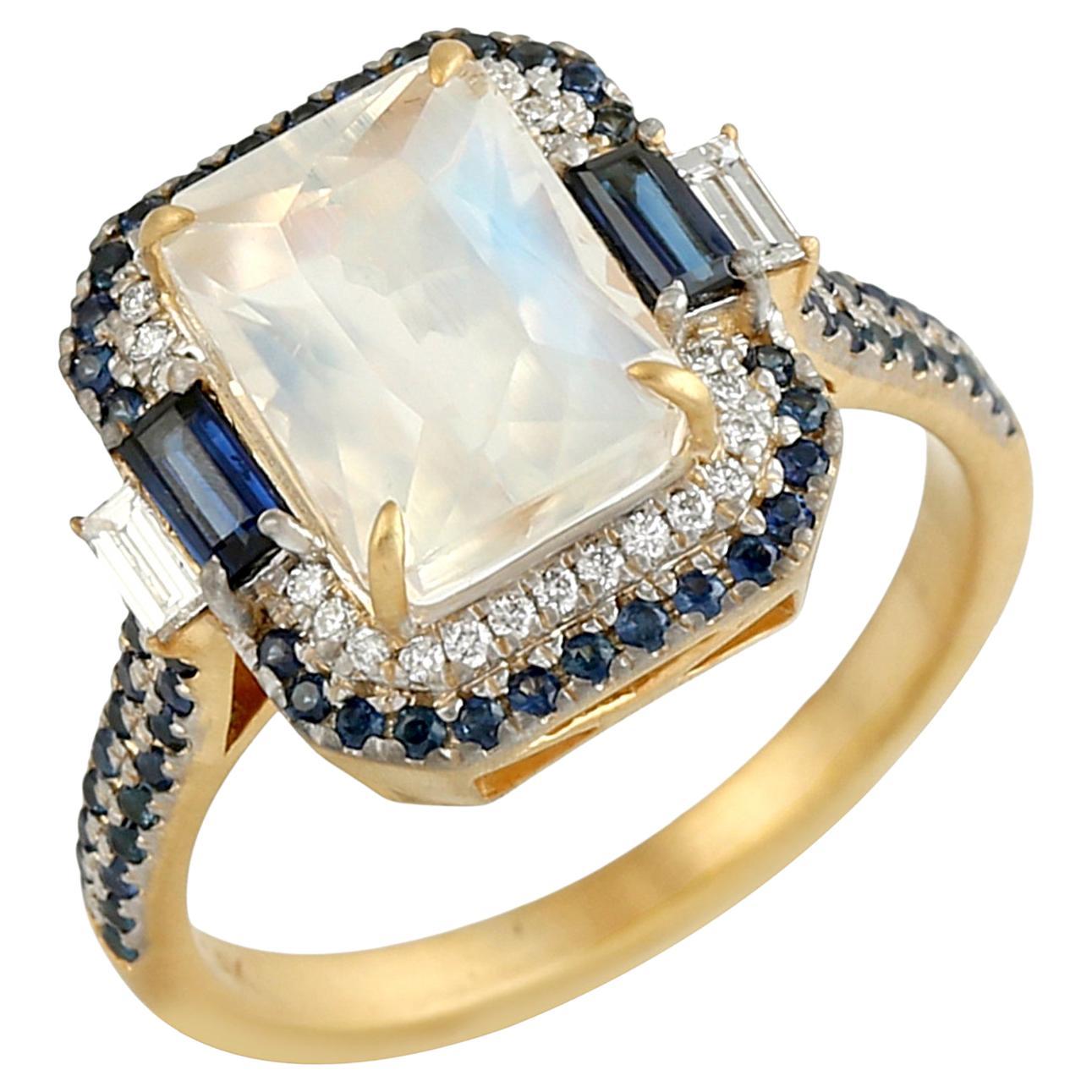 Octogen Shaped Moonstone Ring Accented With Blue sapphire & Diamonds In 14k Gold