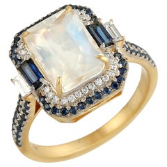 Octogen Shaped Moonstone Ring Accented With Blue sapphire & Diamonds In 14k Gold