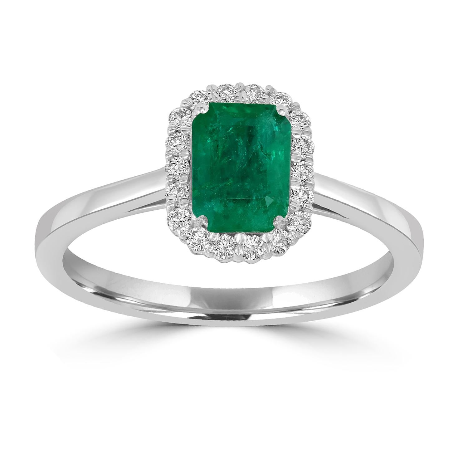 Art déco Bague en or blanc 18k sertie d'émeraudes zambiennes de forme octogonale et de diamants en vente