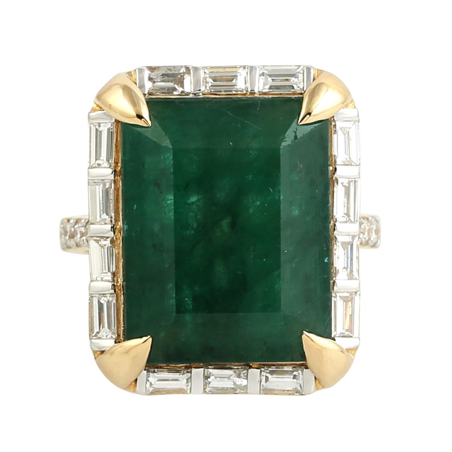 Mixed Cut Octogen Shaped Zambian Emerald Cocktail Ring With Baguette Diamonds For Sale