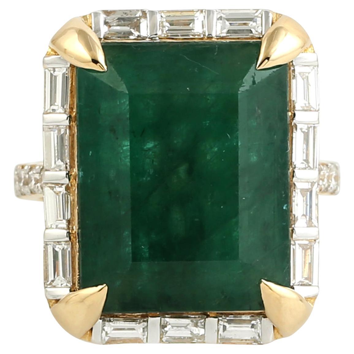 Octogen Shaped Zambian Emerald Cocktail Ring With Baguette Diamonds For Sale