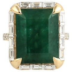 Octogen Shaped Zambian Emerald Cocktail Ring With Baguette Diamonds