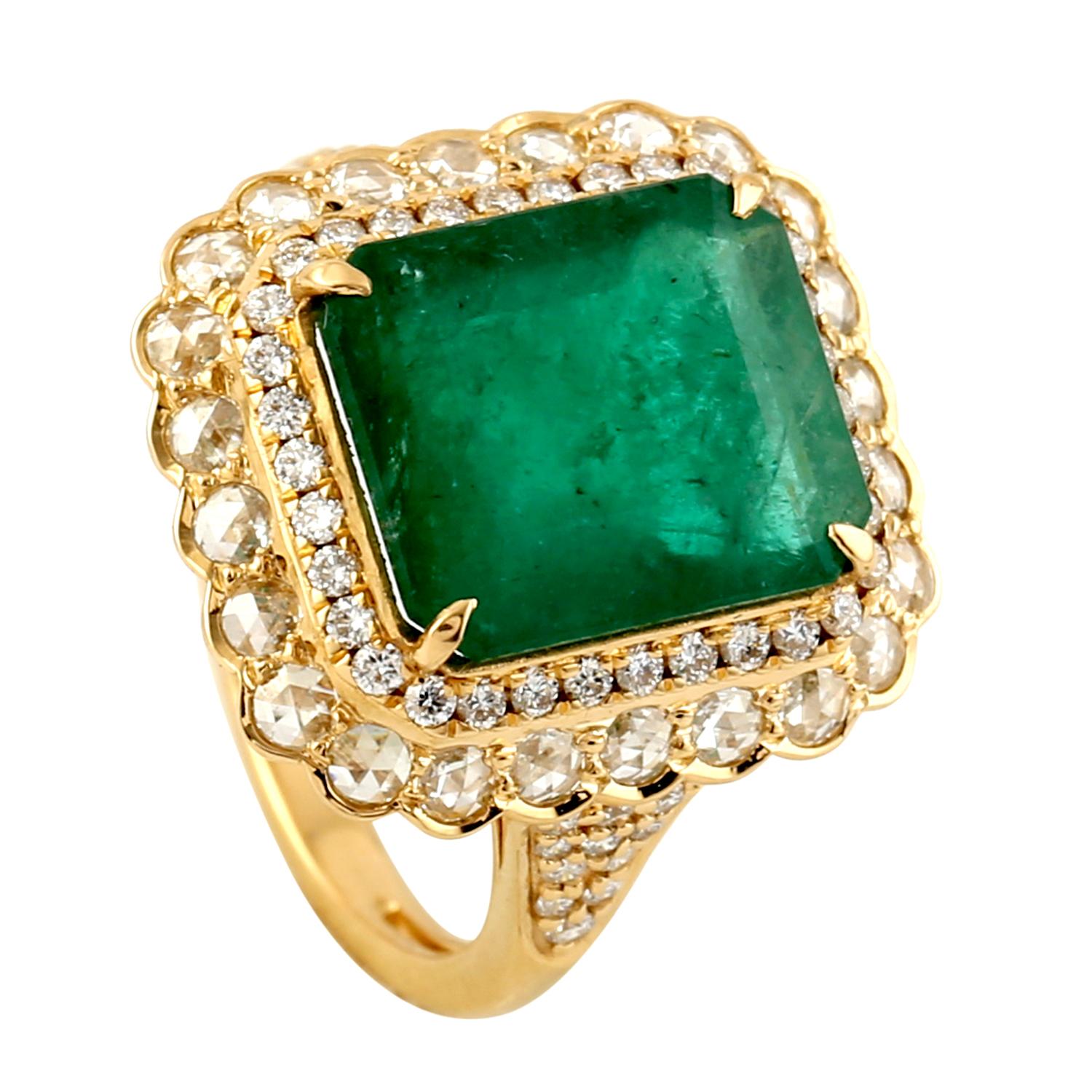Mixed Cut Octogen Shaped Zambian Emerald Cocktail Ring With Diamonds For Sale