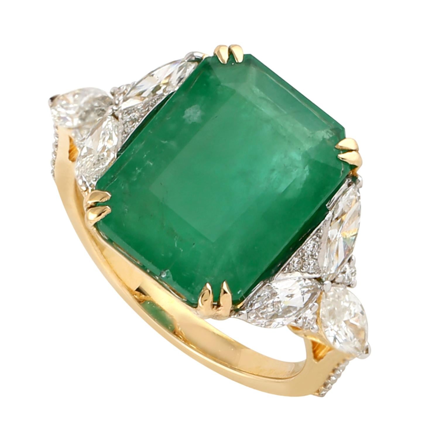 Mixed Cut Octogen Shaped Zambian Emerald Cocktail Ring With Diamonds For Sale