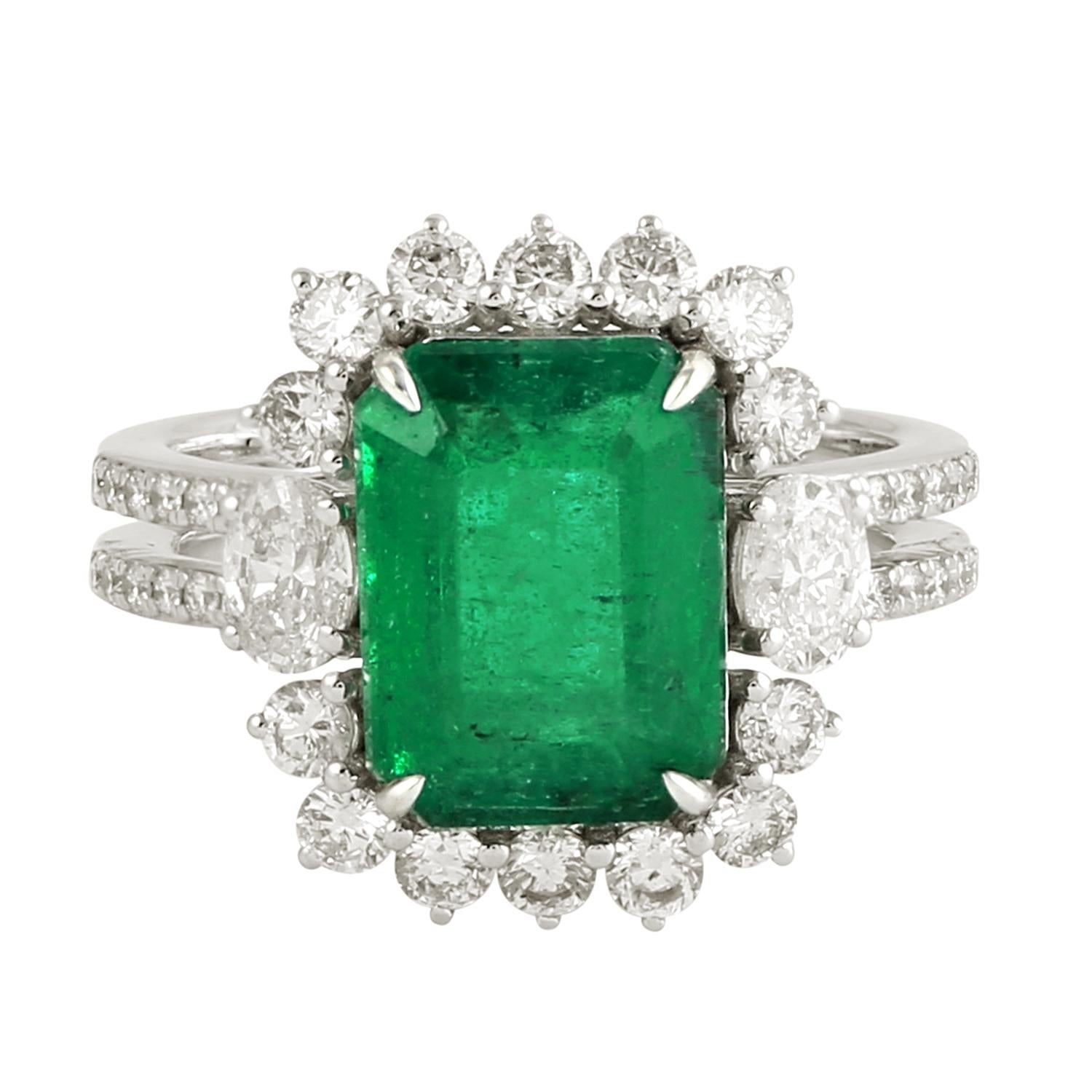 Mixed Cut Octogen Shaped Zambian Emerald Cocktail Ring With Diamonds For Sale