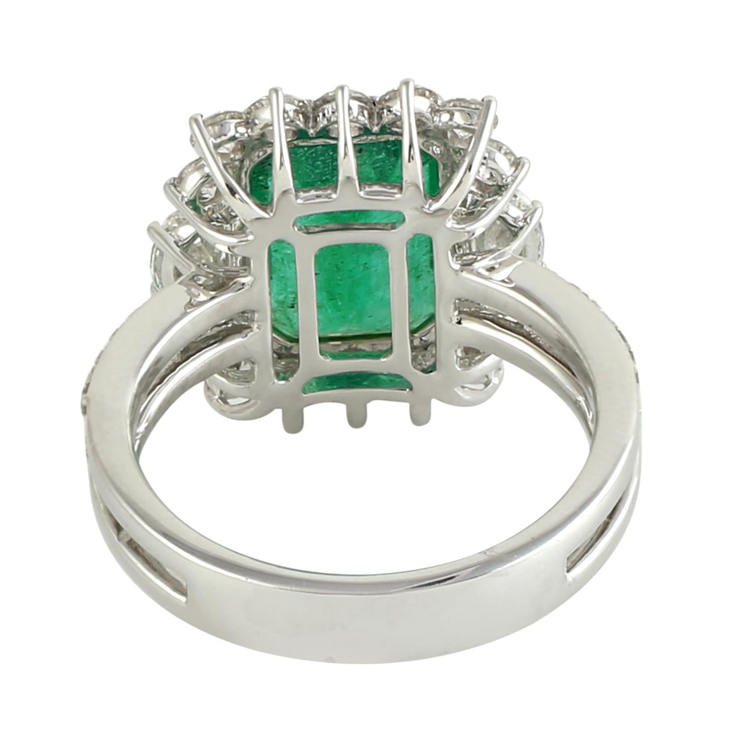 Octogen Shaped Zambian Emerald Cocktail Ring With Diamonds In New Condition For Sale In New York, NY