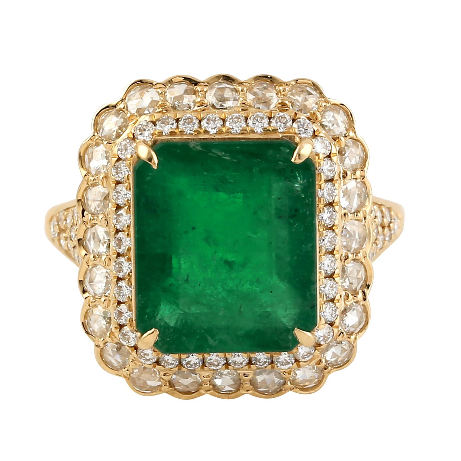 Women's Octogen Shaped Zambian Emerald Cocktail Ring With Diamonds For Sale