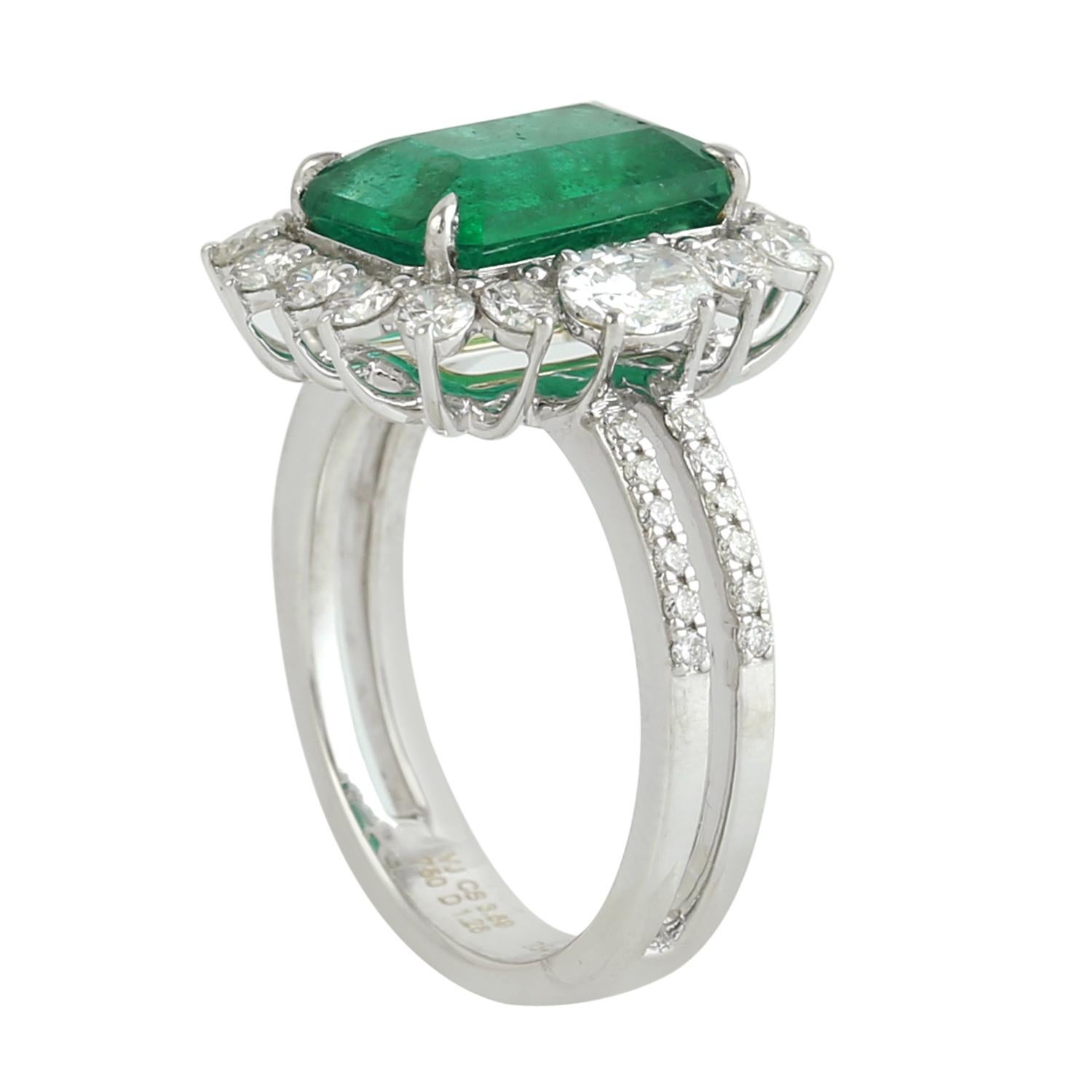 Women's Octogen Shaped Zambian Emerald Cocktail Ring With Diamonds For Sale