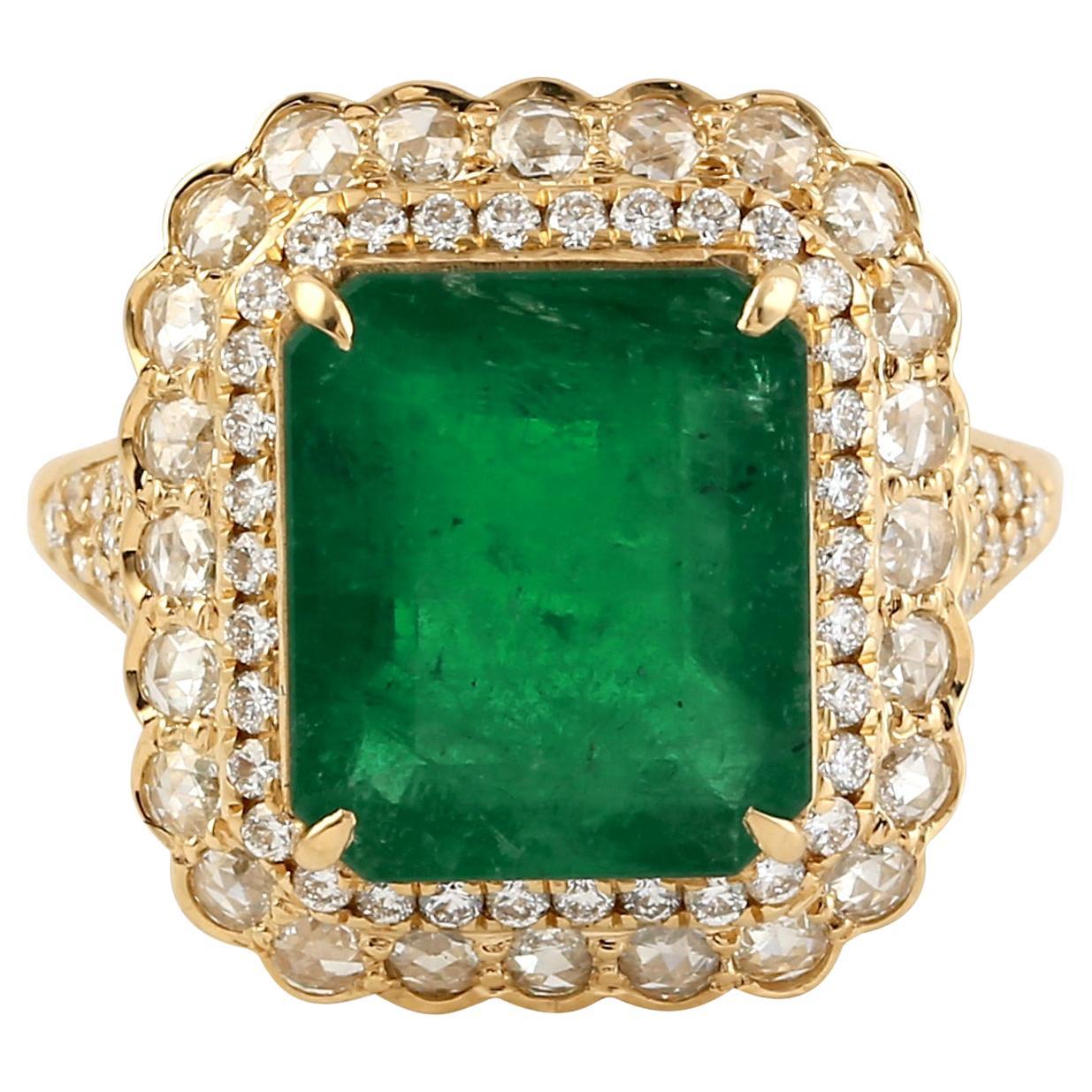Octogen Shaped Zambian Emerald Cocktail Ring With Diamonds For Sale