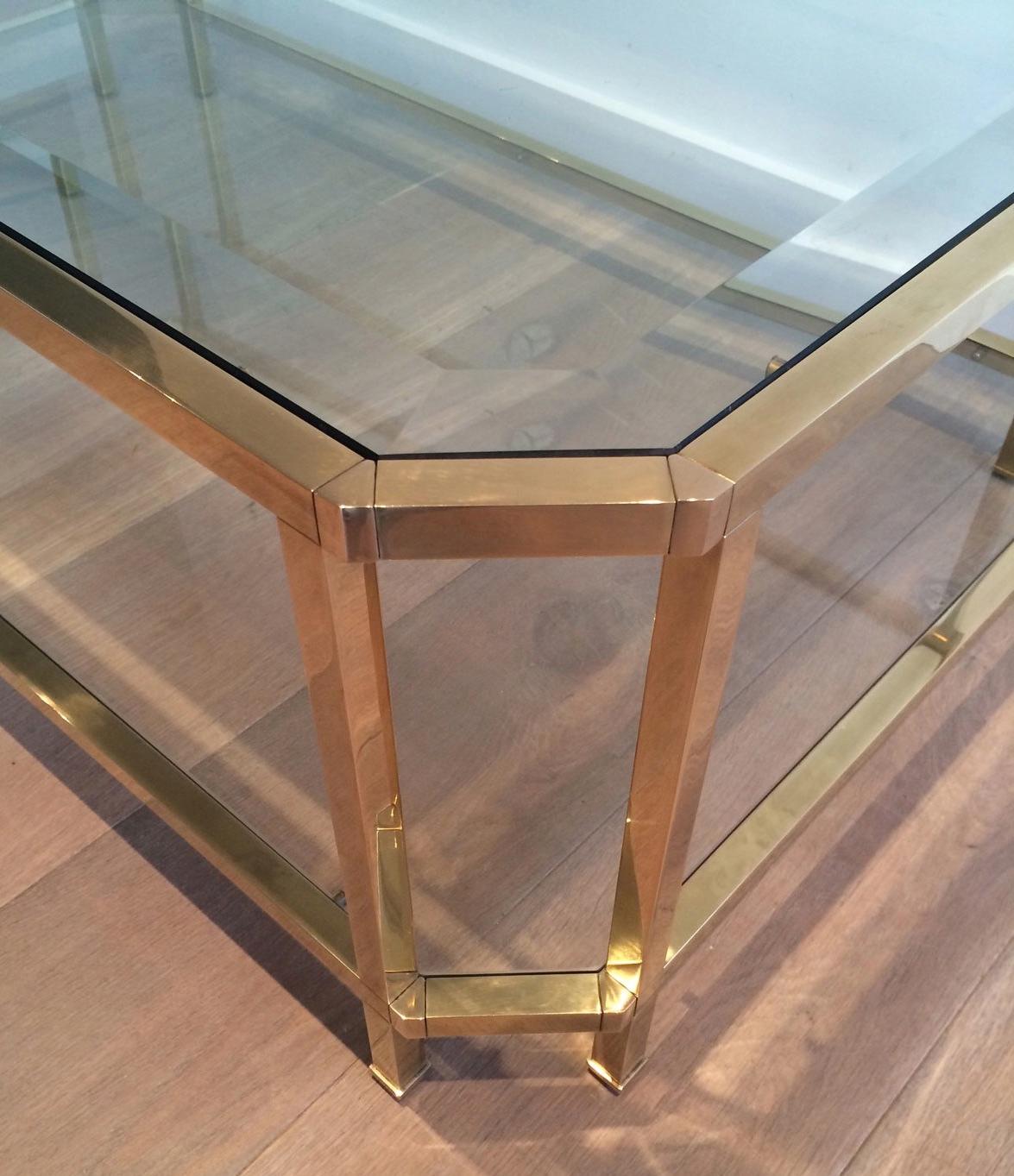 Octogonal Brass Coffee Table with Two Glass Shelves For Sale 4