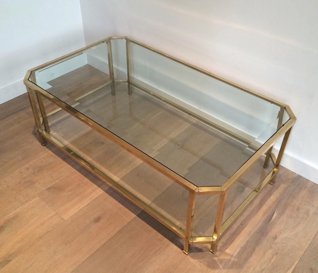 Octogonal Brass Coffee Table with Two Glass Shelves For Sale 5