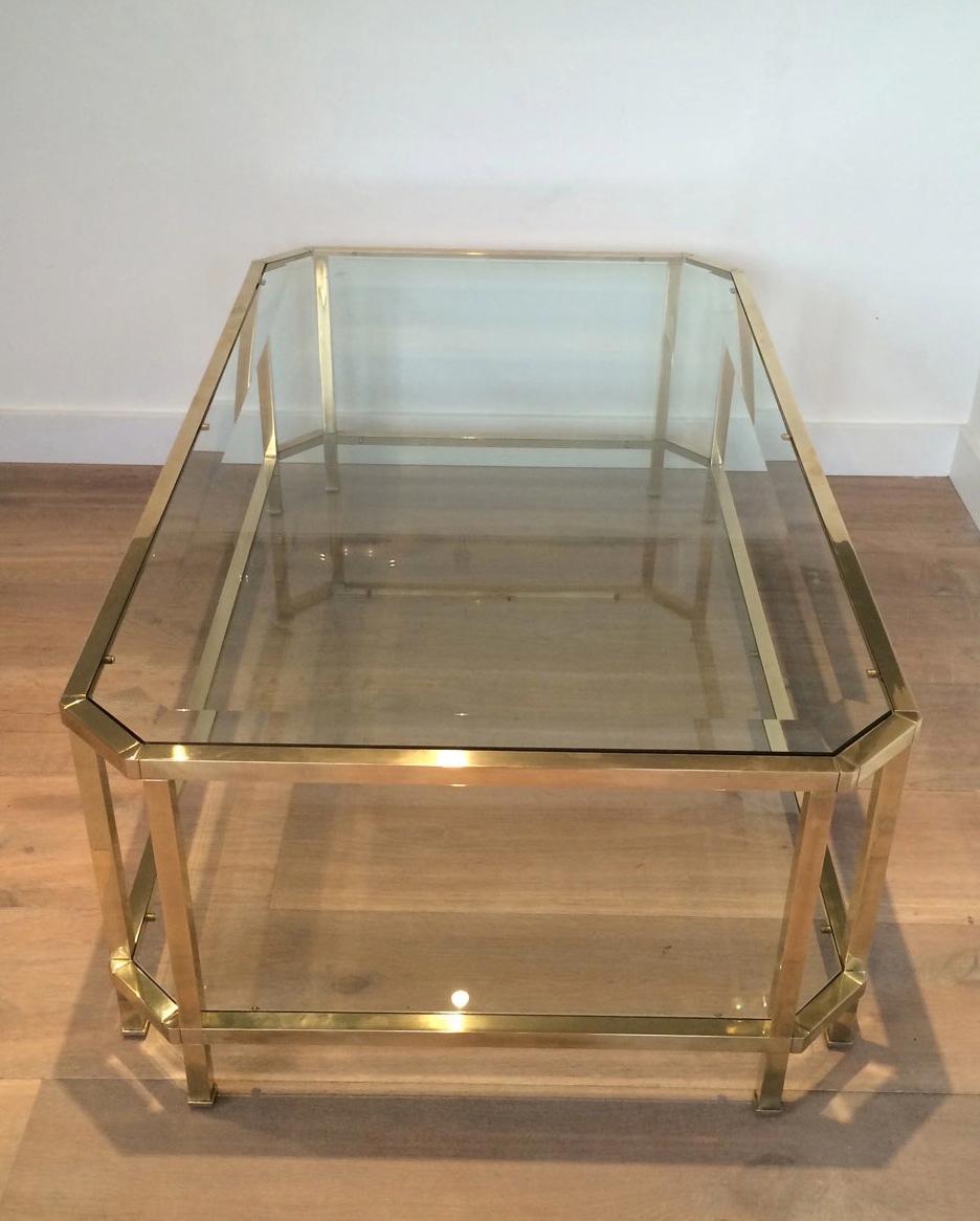 Octogonal Brass Coffee Table with Two Glass Shelves For Sale 7