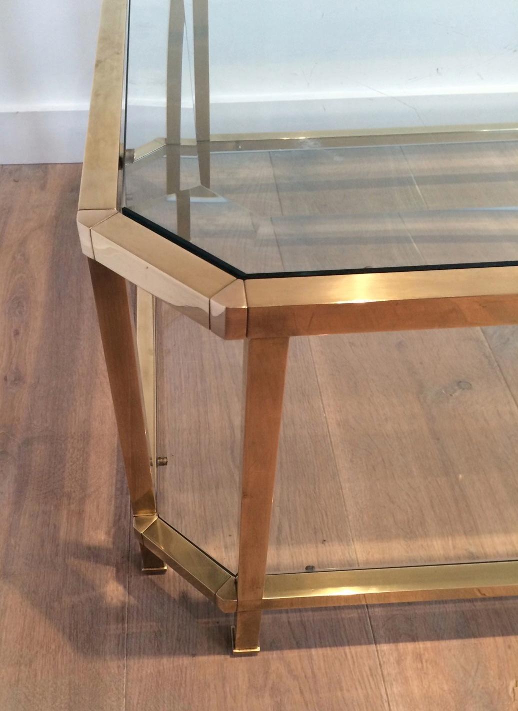 Octogonal Brass Coffee Table with Two Glass Shelves For Sale 8