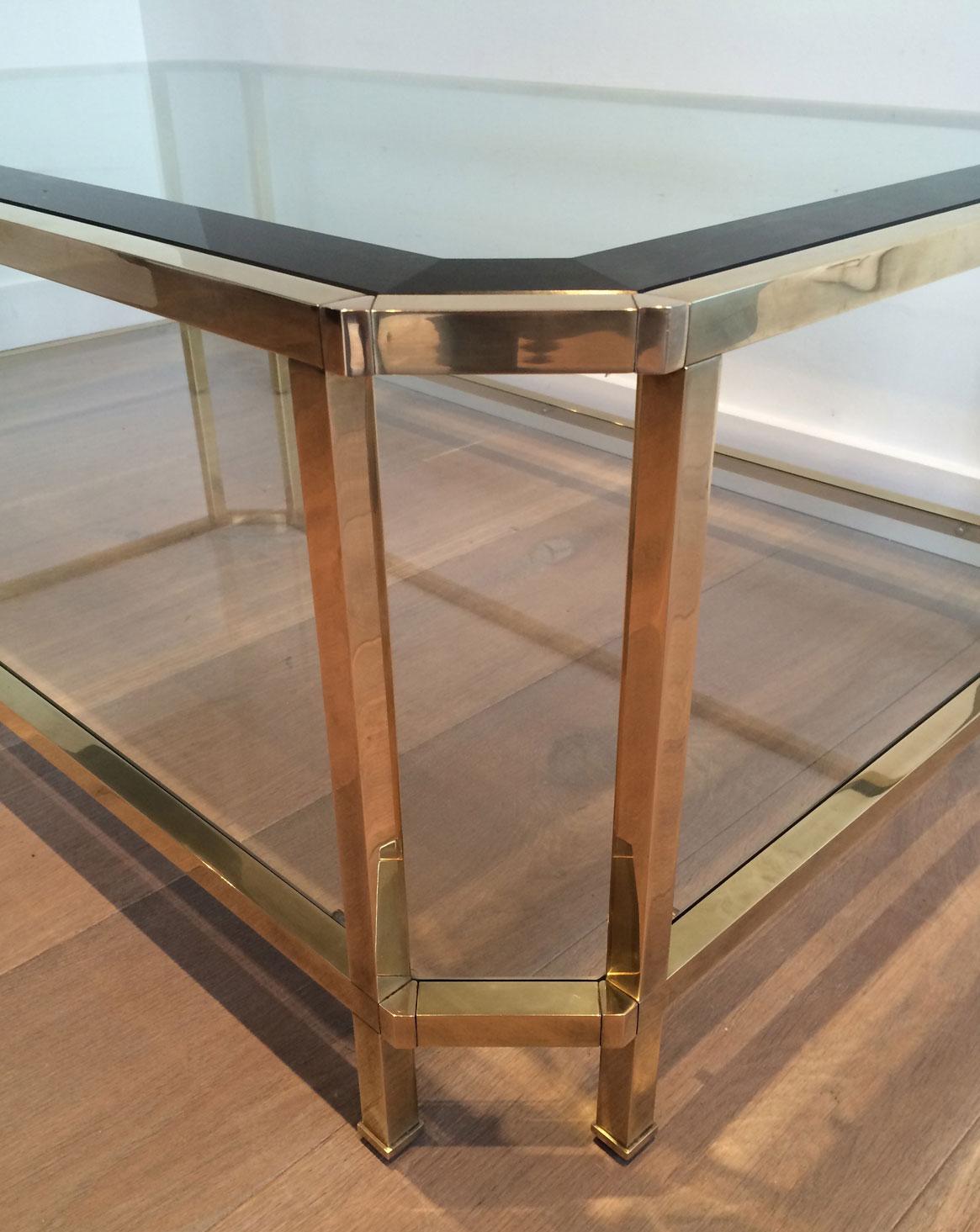 Octogonal Brass Coffee Table with Two Glass Shelves For Sale 9