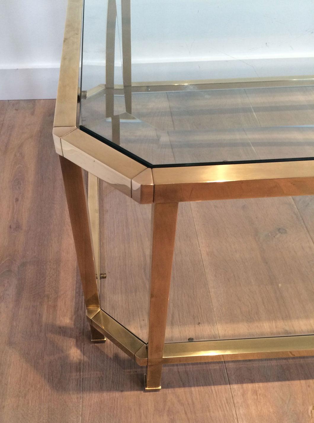 Octogonal Brass Coffee Table with Two Glass Shelves For Sale 10