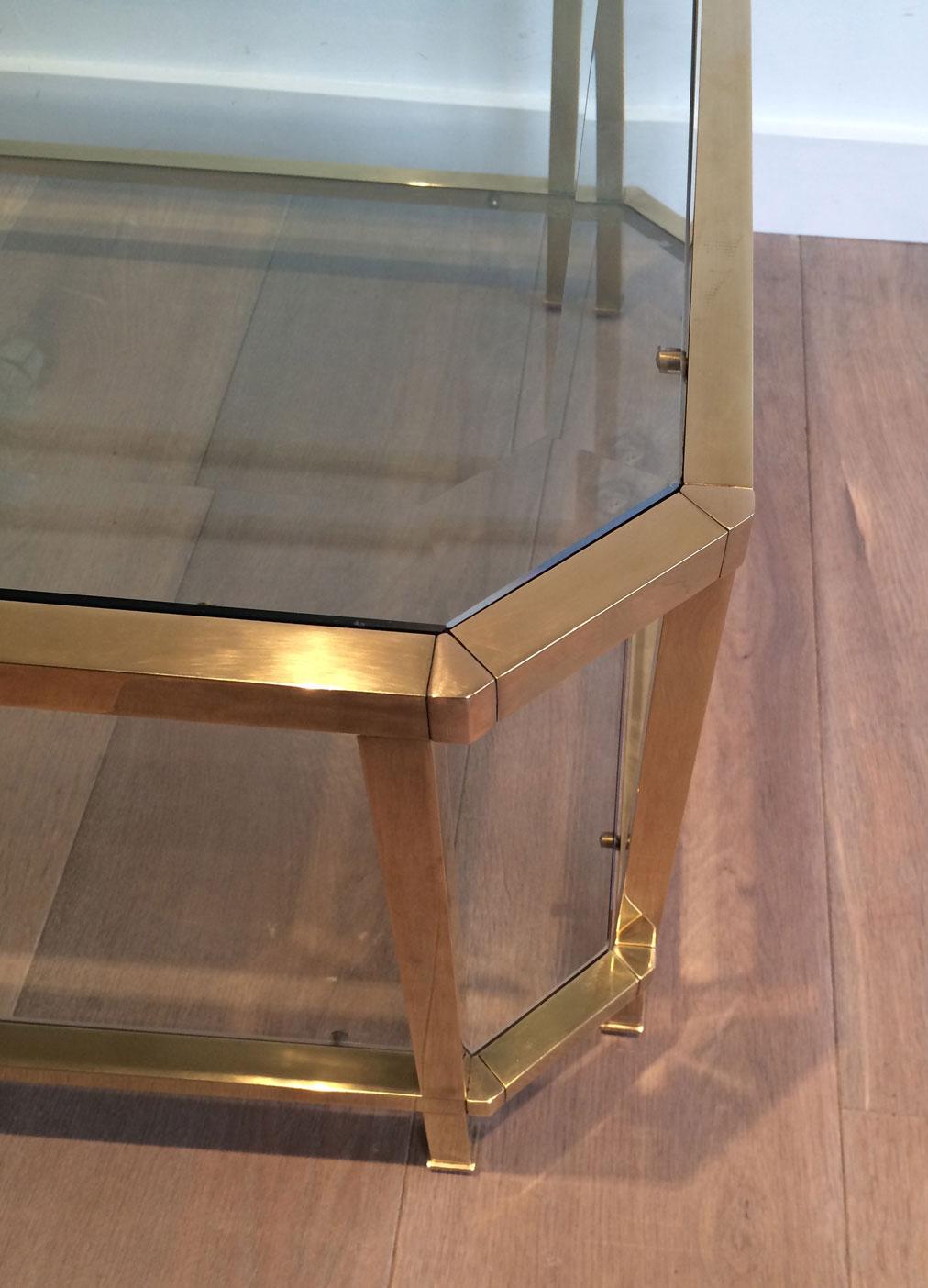 Octogonal Brass Coffee Table with Two Glass Shelves For Sale 11