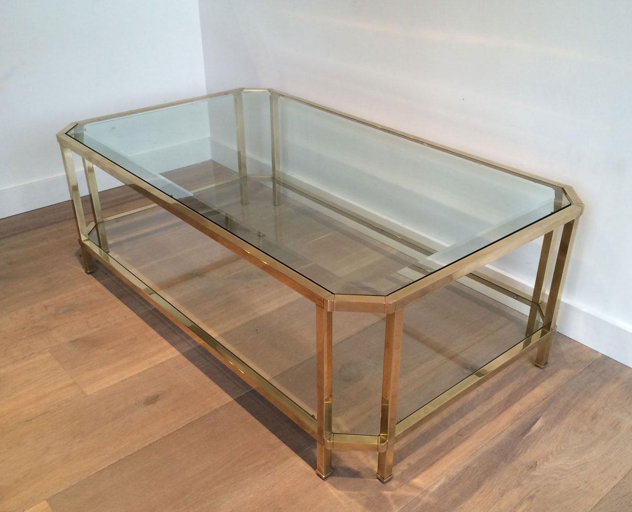 Octogonal Brass Coffee Table with Two Glass Shelves For Sale 12