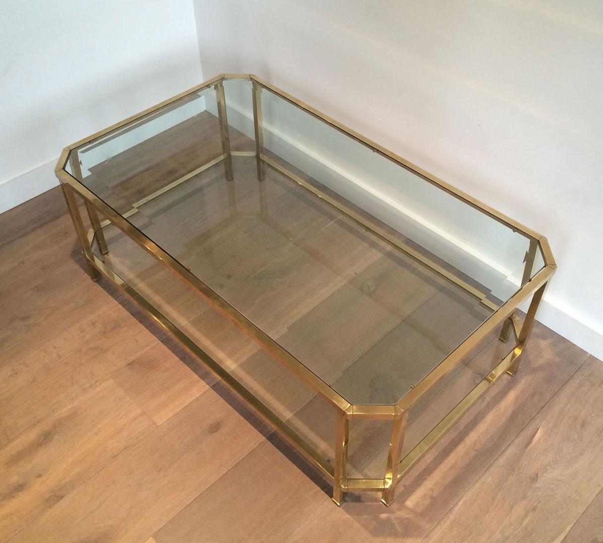 Octogonal Brass Coffee Table with Two Glass Shelves For Sale 13