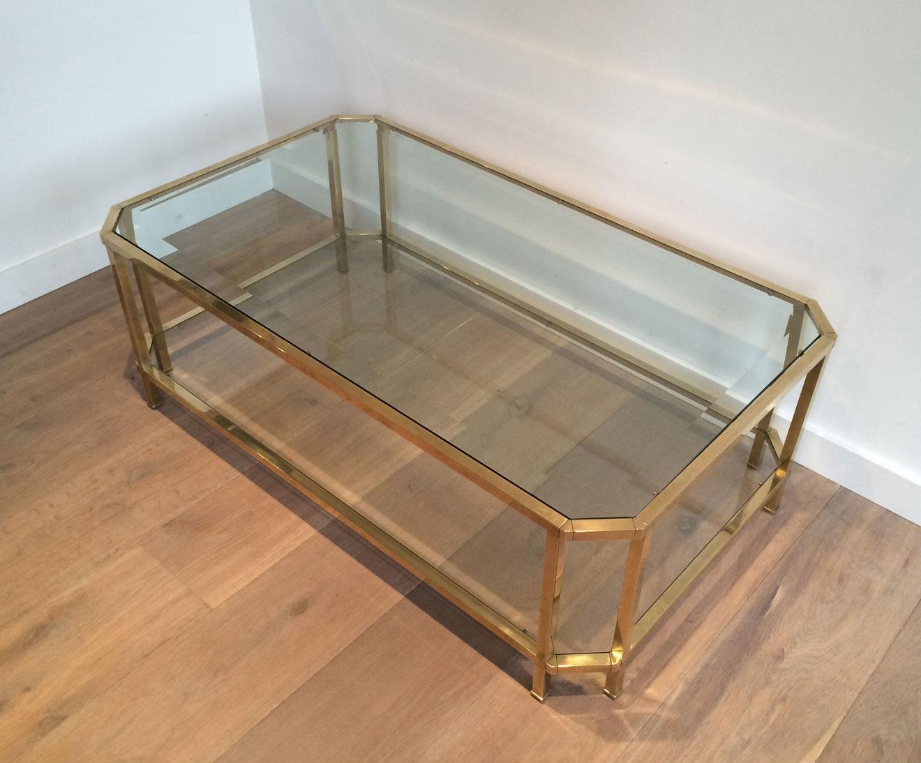 Octogonal Brass Coffee Table with Two Glass Shelves For Sale 14