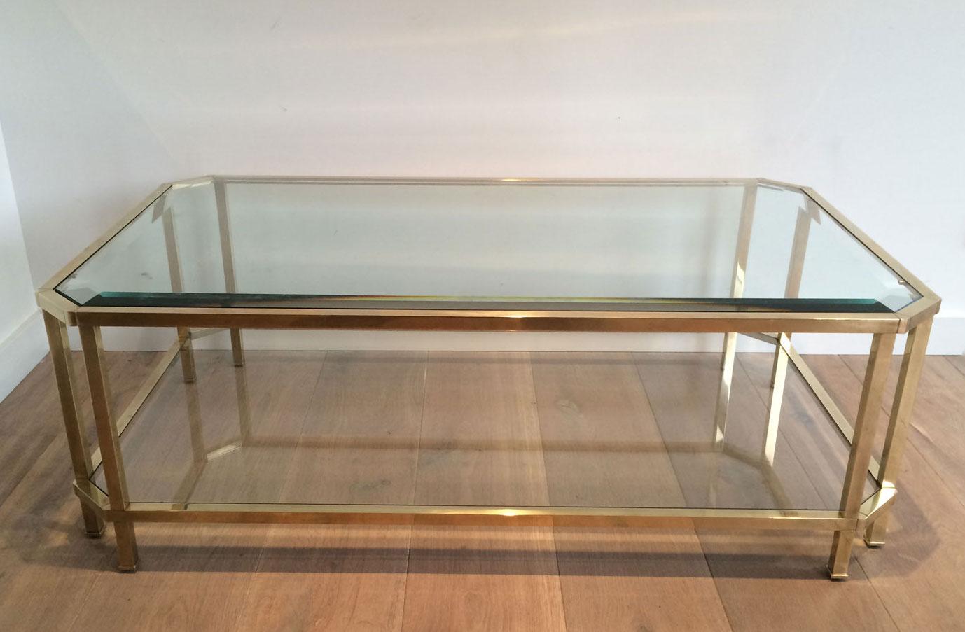 Mid-Century Modern Octogonal Brass Coffee Table with Two Glass Shelves For Sale